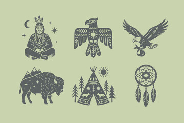 Native American Tribal Symbols and Folklore Icon Set © blackplatesart