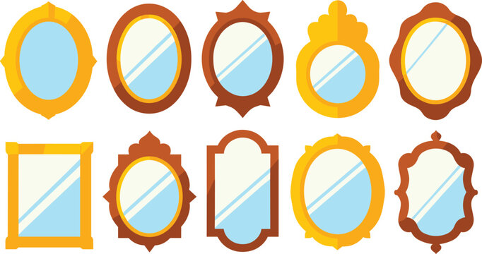 Vintage gold and wooden mirror vector icon set featuring ornate baroque frames, antique royal vanity glass, decorative classic borders, and elegant retro interior home decor shapes.