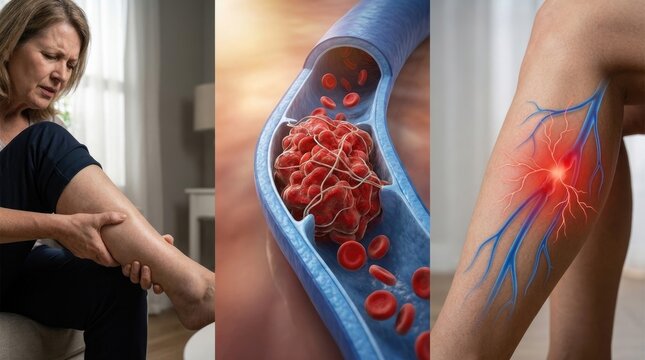Circulatory flow impediment: deep vein, human body, blood vessel, cell aggregation, painful limb, medical condition, fibrin network, coagulation process, health risk.