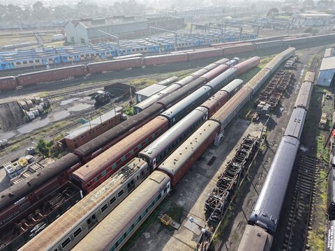 Aerial view of trains parked in rail yard depot