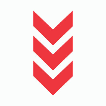 Abstract red chevron line pointing down vector illustration on isolated white background, multiple arrow shapes stacked, modern graphic design element indicating downward direction or collapse.