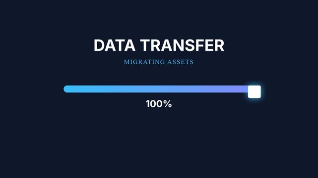 Data transfer progress bar, migrating assets animation, loading screen with progress indicator, symbolizing data migration and transfer process