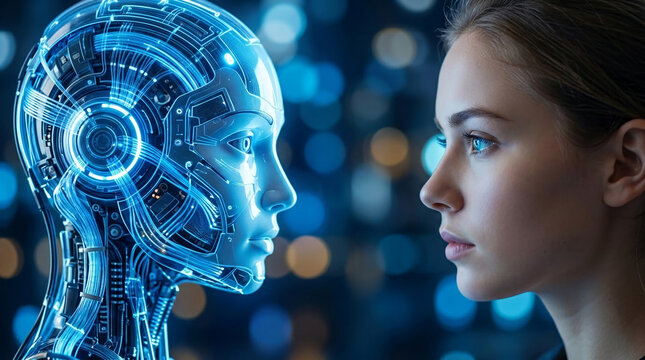 Blue, glowing robot head facing a human profile, symbolizing AI and humanity interaction, representing future technology and consciousness