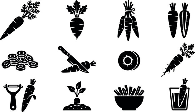 Carrot vector icon set featuring black silhouette root vegetables slices kitchen knife peeler juice glass and sticks concepts for healthy food design.