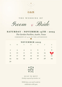 Wedding Invitation Template with Calendar and RSVP QR Code