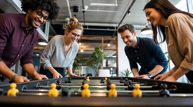 Diverse team playing foosball in modern office
