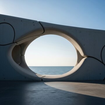 Modern modular concrete structure with interlocking shapes forming a circular aperture window overlooking a calm blue sea horizon and sky at a minimalist coastal installation.