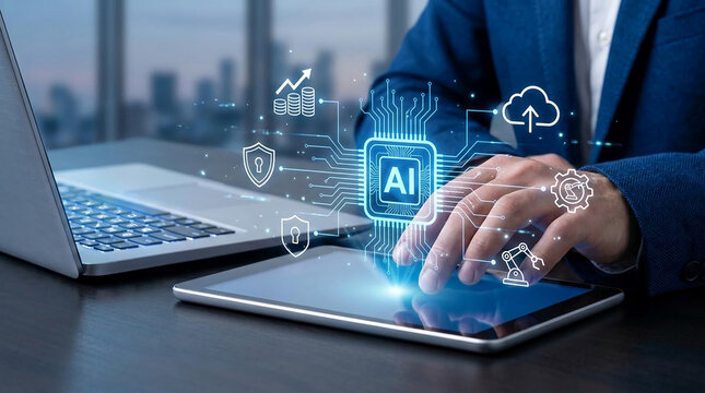 Digital interface with AI chip, showing circuit lines, cloud, money, shield, and robot icons symbolizing technology, business, and automation, ready for integration.