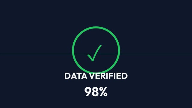 Data verification process, green checkmark and percentage validation, modern infographic, seamless loop, symbolizing accuracy and reliability for data analysis and statistics.