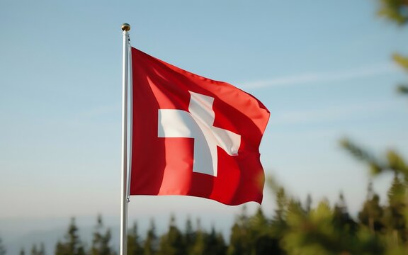Swiss flag waving on a flagpole against a clear blue sky