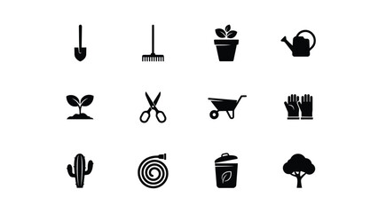 Black and white minimalist icons set with depicting essential gardening plant care tools such shovel flat design style against neutral background © Shovon