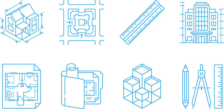 Collection of Architecture and Design Icon Illustrations Featuring House Model, Floor Plan, Blueprint, Building, Cubes and Drafting Tools