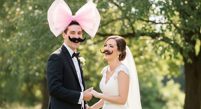 Happy bride and groom wearing fake mustaches and a pink bow