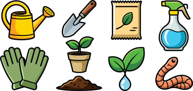 Gardening tools and farming vector icon set featuring yellow watering can trowel hand shovel seed bag spray bottle protective gloves potted sprout plant and earthworm.
