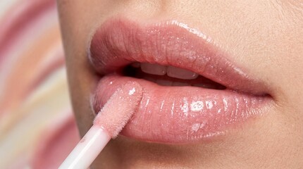 Naklejka premium Pink lip gloss application woman lips makeup beauty cosmetics glossy showing natural finish concept for cosmetic product advertising tutorial content skincare branding and feminine fashion campaigns