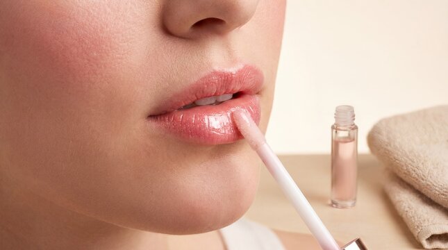 Lip plumping gloss application woman mouth beauty cosmetics fuller lips showing glossy enhancement concept for cosmetic product advertising makeup tutorials salon services and personal care campaigns