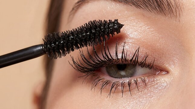 Mascara wand eyelashes application woman eye beauty cosmetics lengthening separation showing lash coating technique concept for product advertising makeup tutorials editorials and salon promotions