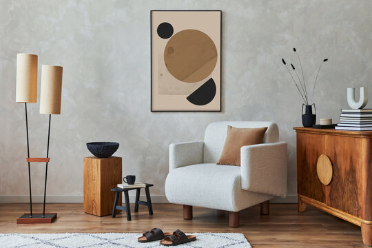 Minimalist living room interior design with contemporary furniture and decor, warm neutral tones, and abstract art for elegance