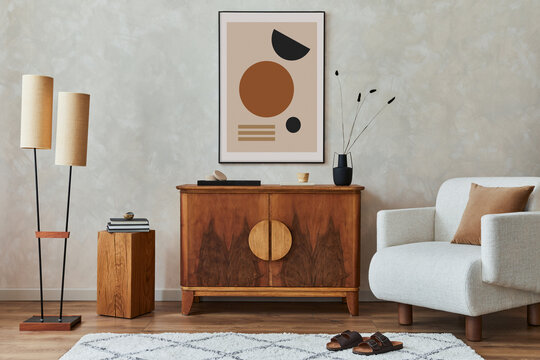 Stylish Living Room Interior with Retro Wooden Furniture, Floor Lamp, and Abstract Wall Art for Modern Home Decor