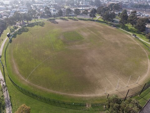 Australian rules football oval aerial view in park