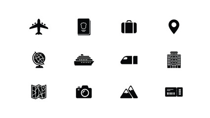 Minimalist black icons set featuring travel and adventure symbols on light background with representing travel related themes such flight all set © Shovon