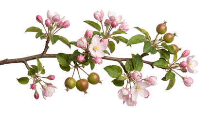 Apple tree branch with pink blossom flowers and green fruit isolated on transparent background png. © Png ProTeam