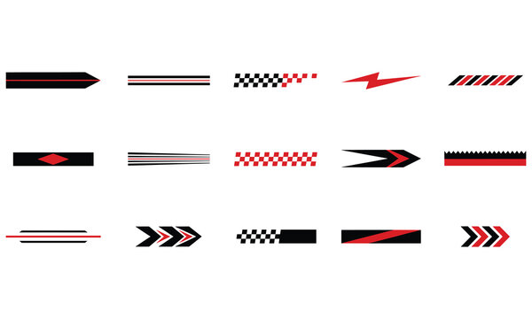 Fifteen black and red racing stripe, arrow and checkered flag for vehicle decals and sports embellishments