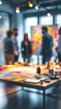 Blurred teamwork brainstorming meeting with sticky note board and creative workspace, collaborative planning session with diverse colleagues discussing ideas in modern office