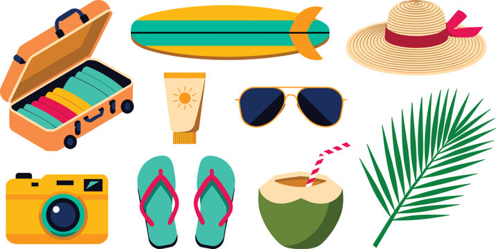 Summer beach vacation travel vector icon set featuring packed suitcase luggage surfboard straw hat sunglasses photo camera flip flops sunscreen lotion coconut drink and palm leaf.