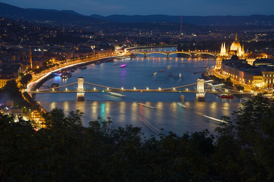 Budapest panorama with the Danube River, Chain Bridge, Parliament, Petofi Bridge, Margit Island, Budapest, Hungary