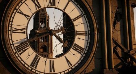 Obraz premium Close-up of a Cracked Vintage Clock Face with Roman Numerals and a Distant Tower Reflection