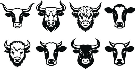 Obraz premium Cow Head and Bull Mascot Icon Set with Horned Cattle Bison and Heifer Vectors for Dairy Farm Agriculture Logos and Brand Identity Designs