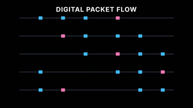 Digital packet flow, colorful data transmission visualization with pink and blue packets on black background, seamless loop, symbolizing network communication and data exchange