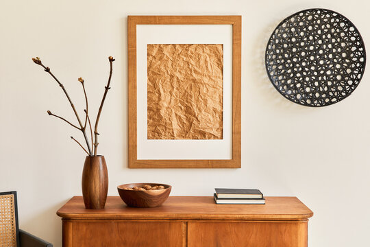Minimalist composition of living room with brown mock up picture frame, plant, retro armchair, dried tropical leaf, decoration and elegant personal accessories in stylish home decor. Template.