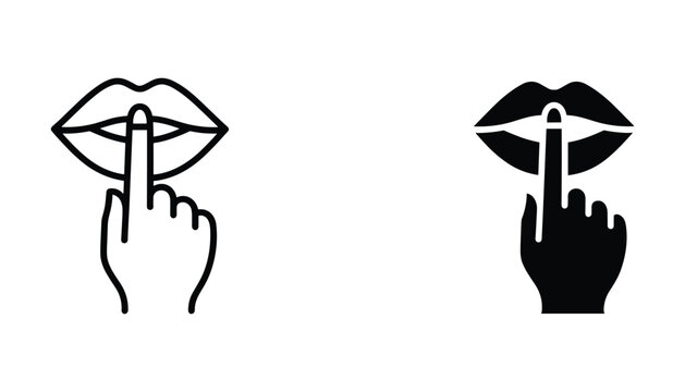 Shushing lips gesture icon set with finger over mouth in outline and solid black styles for silence and quiet zone signage or digital communication and social media privacy concepts