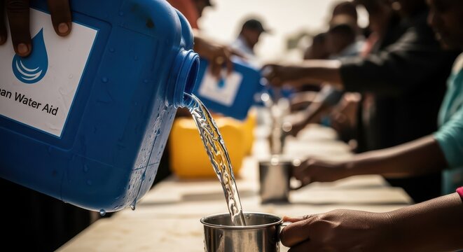 Clean Water Being Poured From A Blue Jug Into A Metal Cup With People In The Background