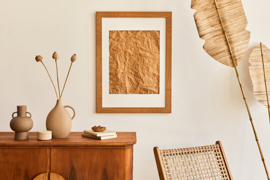 Minimalist Home Interior with Decorative Elements and Wooden Furniture on White Wall Background