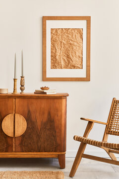 Stylish Interior with Wooden Furniture, Wall Art, and Decorative Elements in a Contemporary Setting