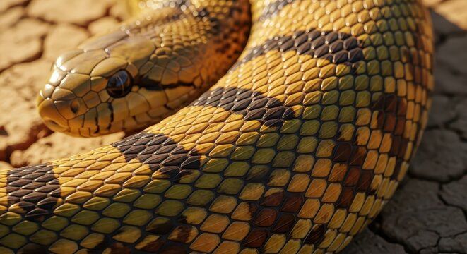 Close-up Detailed View of a Snake's Yellow and Brown Scaly Skin Texture