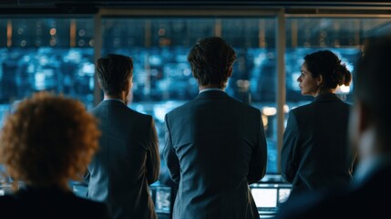 Obraz premium Human observers watch a clear separation between AI activity and oversight, emphasizing governance in a dual-zone setup for technology.