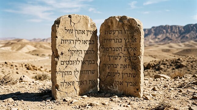 Ancient stone tablets inscribed with hebrew script stand in a barren desert landscape under a bright blue sky symbolizing religious law with set against vast desert backdrop mountains distance sacred