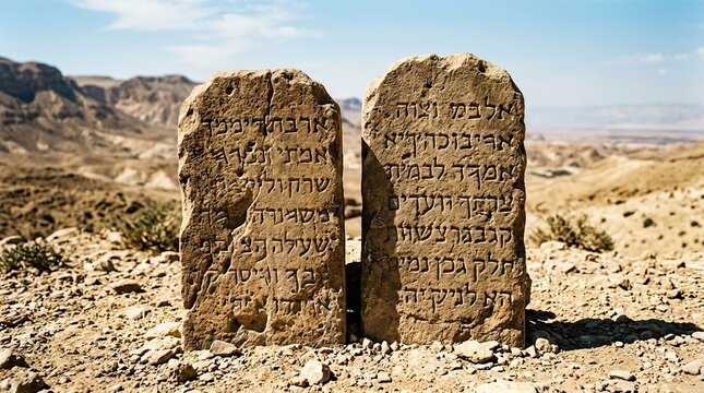 Two ancient stone tablets inscribed with hebrew script stand weathered and eroded in a dry arid desert landscape under a clear blue sky symbolizing religious commandments with hebrew writing standing