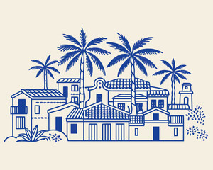 Obraz premium Coastal Village Illustration With Palm Trees And Blue Line Art