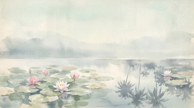Watercolor painting of a tranquil tropical lotus pond with floating lily pads and palm tree reflections