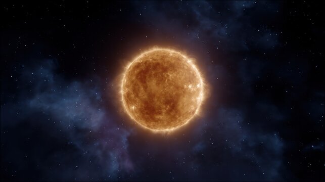 Radiant sun shines brightly in the dark cosmos surrounded by twinkling stars and nebulae