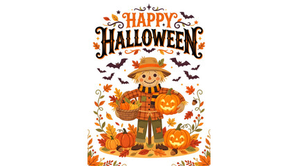 Fototapeta premium Happy Halloween scarecrow with pumpkins and bats on white