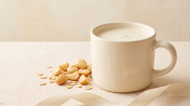 A cup of macadamia nut milk with scattered nuts and oats on a light textured linen table surface