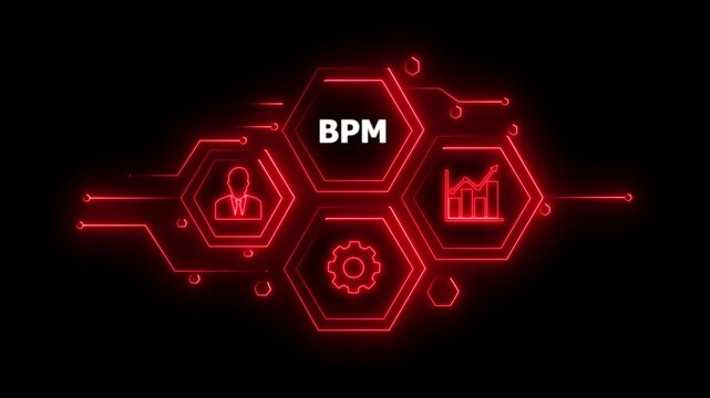 Abstract neon Hud knowledge ability business gear icon Glowing neon line concept. Glowing " BPM " button in German on a futuristic, abstract wave technology on black background. 4K animation video