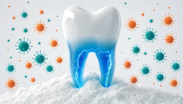 A clean white tooth with blue electrical sensitivity lightning effect surrounded by small colorful virus particles