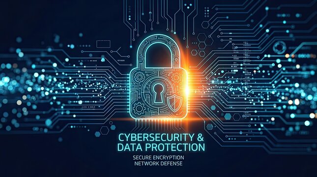 Digital padlock symbolizing cybersecurity and data protection on futuristic blue circuit board background concept for network safety with background representing glowing digital information defense